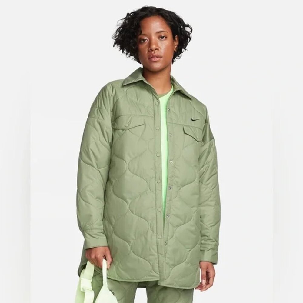 Nike Womens Oversized Quilted Trench Puffer Coat Oil Green FB8732-832 Medium